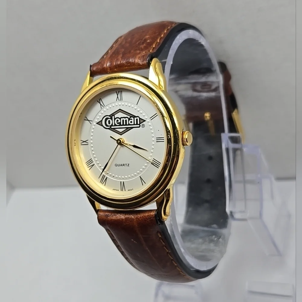 Coleman Quartz 18k Gold Plated Roman Numeral Dial Mens Leather Strap New Battery